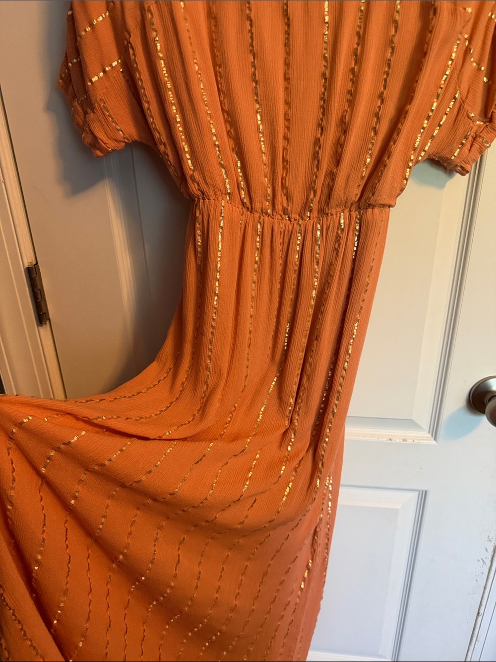 Lulus Terracotta Gold Lurex Stripe Midi Dress Deep V Neck Dolman Sleeve Size S - Picture 7 of 8